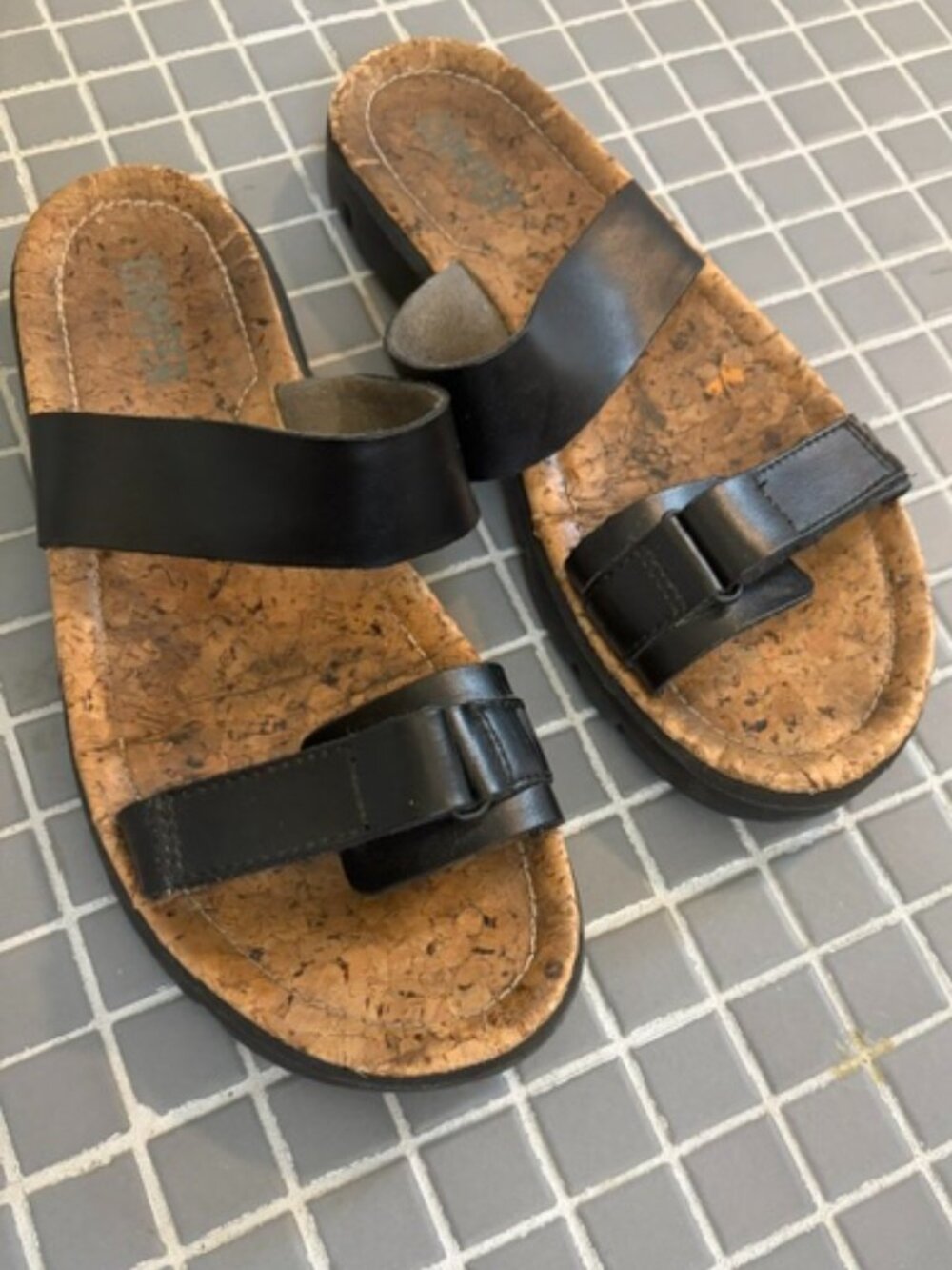 Comfy Camper Oruga black leather two strap  silde sandals with cork footbed